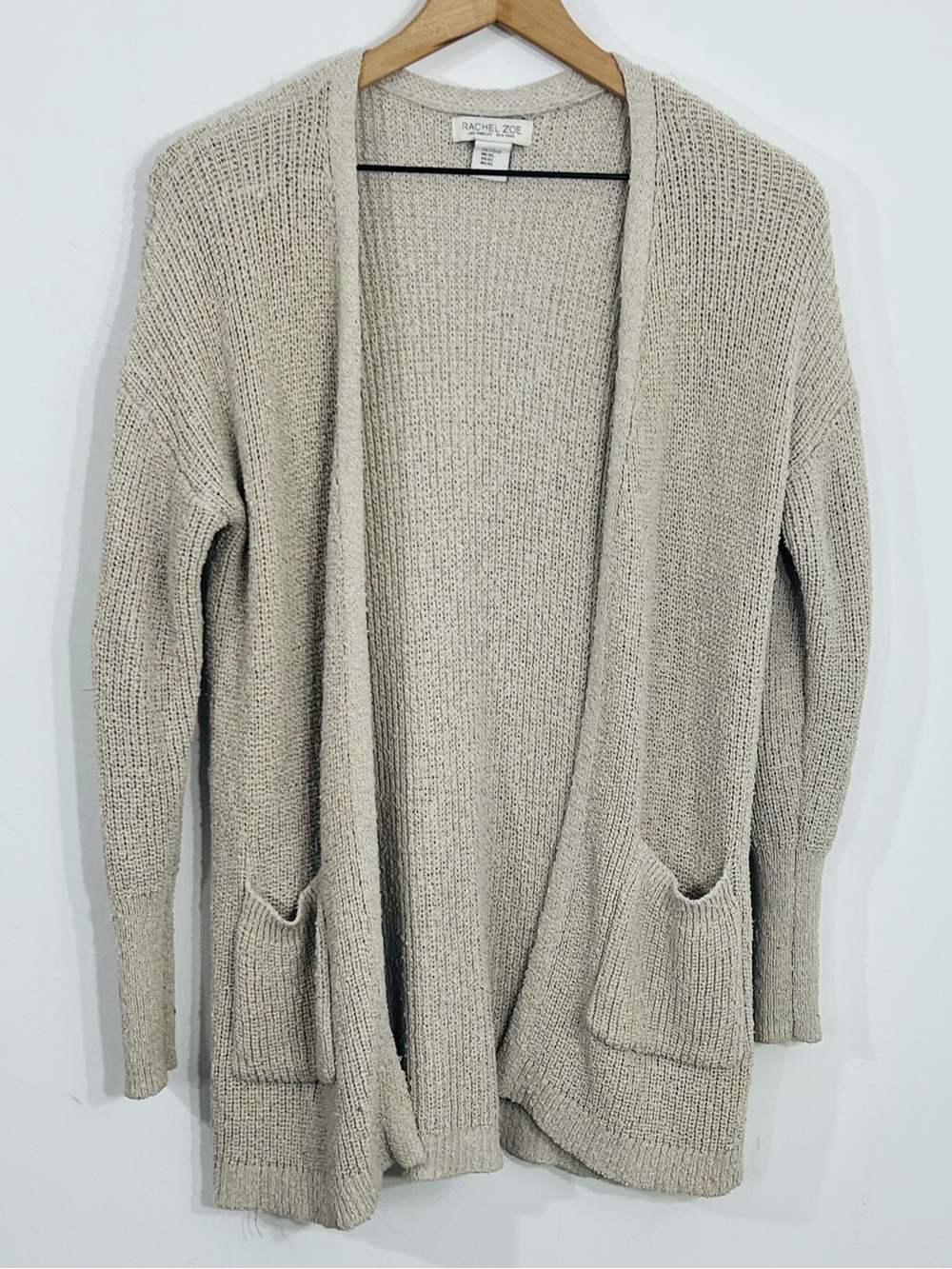 Rachel Zoe Beige Solid Thick Knit Open Front V-Neck Cardigan Sweater Pockets XS